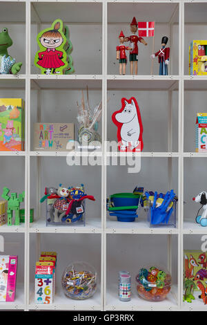 Bright colored children's toys souvenirs and Moomin by Tove Jansson, characters in shop, Arken Museum of Modern Art Denmark Stock Photo