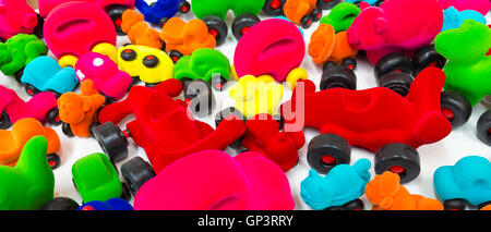 Cars in bright color as Rubbabu children's felt toys and souvenirs in shop, Arken Museum of Modern Art Denmark Stock Photo