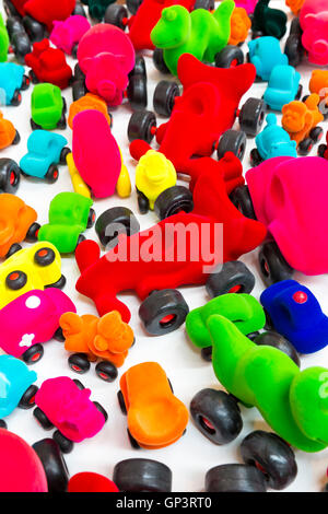 Cars in bright color as Rubbabu children's felt toys and souvenirs in shop, Arken Museum of Modern Art Denmark Stock Photo