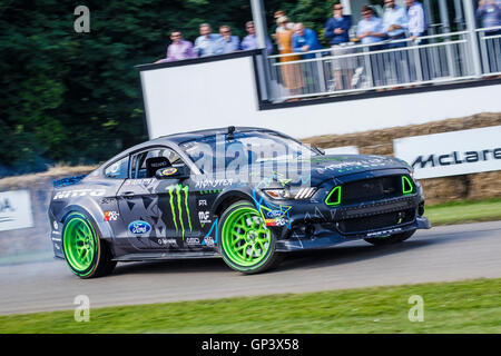 2016 Ford Mustang RTR drift car with driver Vaughn Gittin Jr at the 2016 Goodwood Festival of Speed, Sussex, UK Stock Photo