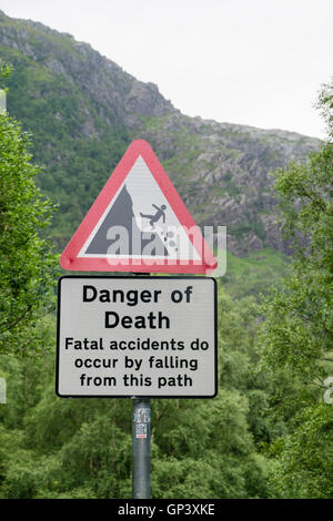 Danger of Death warning sign on Ben Nevis path in Glen Nevis. Fort William, Inverness-shire, Highland, Scotland, UK, Britain Stock Photo