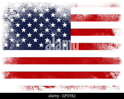 Powder paint exploding in colors of United States flag isolated on white background. Abstract particles explosion of colorful du Stock Photo