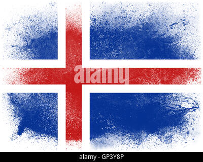 Powder paint exploding in colors of Iceland flag isolated on white background. Abstract particles explosion of colorful dust. Stock Photo