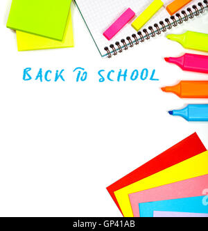 Border of a school stationery isolated on white background with text, different colorful supplies for elementary school Stock Photo