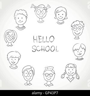 Hello School. Kids Face Set Sketch. Stock Vector