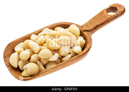 macadamia nuts on a rustic wooden scoop, isolated on white Stock Photo