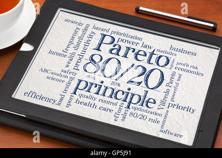 Pareto principle or eighty-twenty rule - word cloud on a digital tablet with a cup of tea Stock Photo