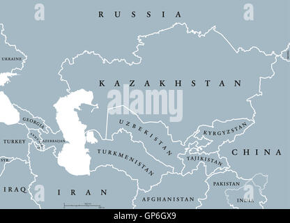 Caucasus and Central Asia countries political map with national borders. English labeling. Illustration. Stock Photo