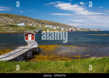 Fishing boats and stages at Fogo, Fogo Island, Newfoundland and Labrador, Canada. Stock Photo