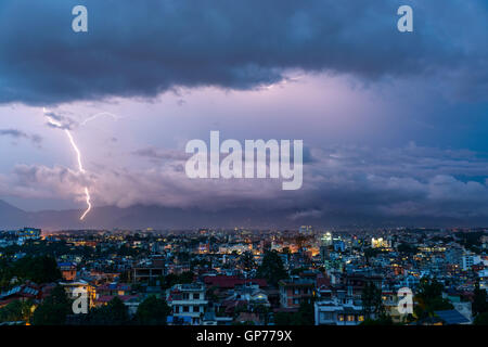 Lightning bolt over Patan and Kathmandu in Nepal Stock Photo