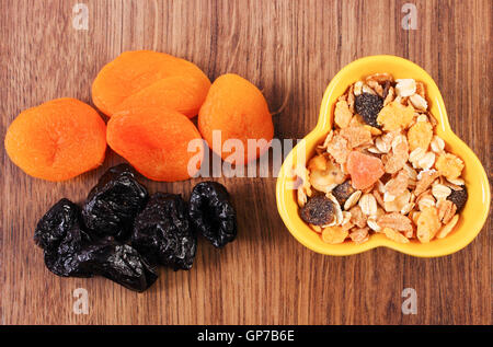 Portion of dried fruits and muesli in bowl, concept of healthy nutrition and increase metabolism, ingredients with dietary fiber Stock Photo