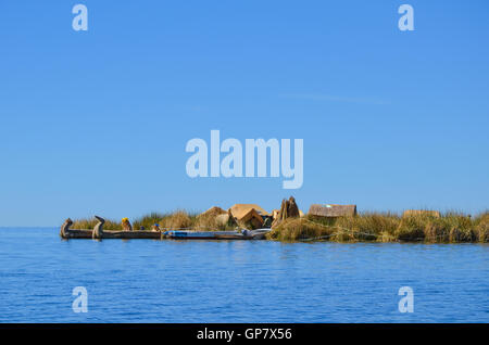 Hand made island constructed from many layers of the totora reeds, inhabited by  Aymara community Stock Photo