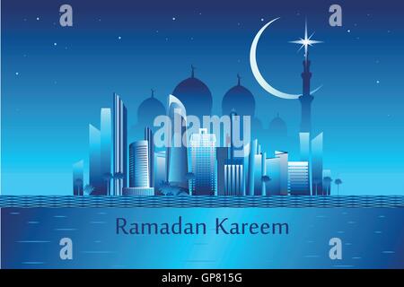 Ramadan kareem meaning 'Ramadan is generous' message on the Abu-Dhabi cityscape with skyscrapers and white mosque vector illustr Stock Vector