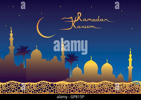 Ramadan kareem meaning 'Ramadan is generous' message, golden mosque silhouette, moon, stars on the night sky and pentagons patte Stock Vector