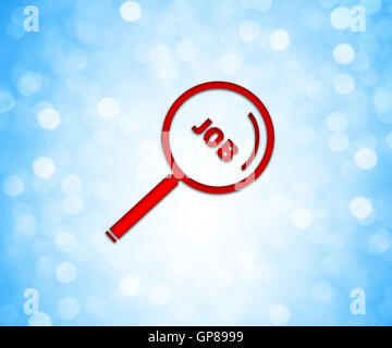 Red colored loupe icon over a blue bokeh background. Job search Stock Photo