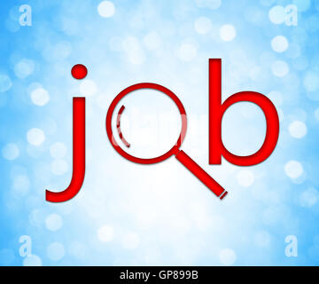 Job search. Red colored loupe icon and text over a blue bokeh background. Stock Photo