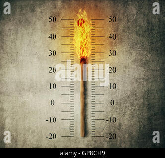 Burned match stick indicating temperature on a scale as a thermometer. Global warming and temperature rising concept Stock Photo