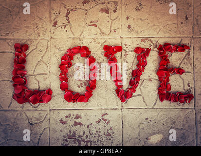 Illustration of word love by red rose petals on a old texture Stock Photo