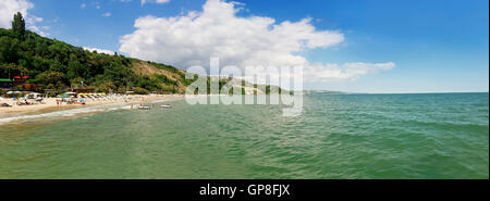 Summer vacation background at the seashore beach. Panoramic view of the coast of Black Sea, Balchik city, Bulgaria Stock Photo