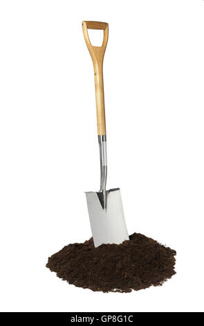 A garden spade with soil shot in a studio shot isolated on a white background Stock Photo