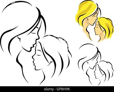 Line art logo of a mother and her daughter Stock Vector