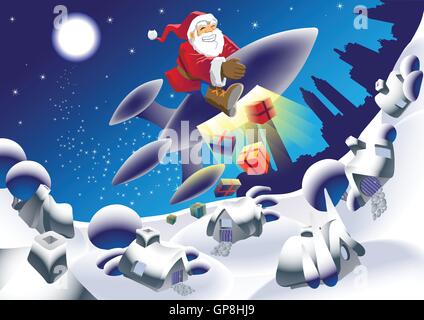 Millennium Santa delivering the gifts on a space rocket Stock Vector
