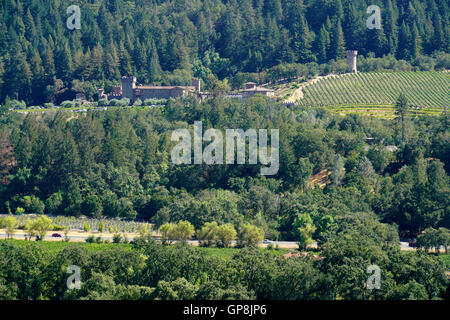 Scenery view of Napa Valley with vineyards and Castello di Amorosa winery in the background.Calistoga,Napa Valley,California,USA Stock Photo