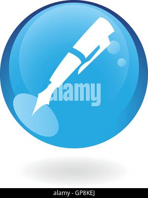 Glossy pen in blue button isolated on white Stock Vector