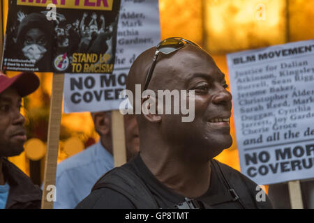 London, UK. 2nd Sep, 2016. London, UK. September 2nd 2016. The Black Lives Matter movement protests outside the Independent Police Complains Commission calling for the IPCC to be radically overhauled so it will properly investigate and prosecute police officers involved in unlawful deaths, including that of former Aston Villa, Sheffield Wednesday and Ipswich striker Dalian Atkinson, who died after being tasered by police outside his father's home in Telford on August 15th. Placards call for 'No More Coverups' and 'Prosecute Killer Cops - Justice Now'. Peter Marshall Images Live (Credit Stock Photo