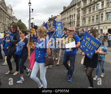 London, UK. 3rd Sep, 2016. People with EU flags and banners demonstrating against the UK leaving the EU, at Westminster Square in London, UK, 3 September 2016. PHOTO: CHRISTOPH MEYER/DPA/Alamy Live News Stock Photo