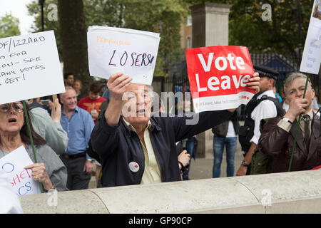 London, UK. 3rd September, 2016. A pro-Brexit counter-protester taunts pro-EU marchers demonstrating against Brexit two days before Parliament reconvenes to debate Britain’s future with Europe. Credit:  On Sight Photographic/Alamy Live News Stock Photo