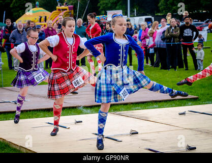 Peebles, Scotland UK  3rd September 2016. Peebles Highland Games, the biggest 'highland' games in the Scottish  Borders took place in Peebles on September 3rd 2016 featuring pipe band contests, highland dancing competitions, haggis hurling, hammer throwing, stone throwing and other traditional events.  Pictured:  Highland dancing competition in progress Credit:  Andrew Wilson/Alamy Live News Stock Photo