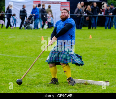 Peebles, Scotland UK  3rd September 2016. Peebles Highland Games, the biggest 'highland' games in the Scottish  Borders took place in Peebles on September 3rd 2016 featuring pipe band contests, highland dancing competitions, haggis hurling, hammer throwing, stone throwing and other traditional events.  Pictured:  a competitor throws the hammer Credit:  Andrew Wilson/Alamy Live News Stock Photo