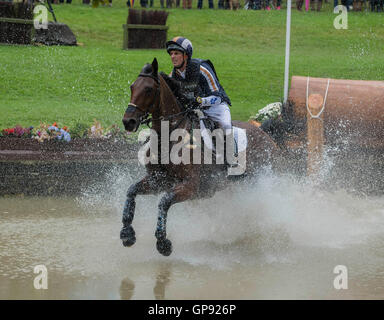 Burghley House, Burghley, UK. 03rd Sep, 2016. Land Rover Burghley Horse Trials. Cross Country. XAVIER ridden by Gubby Leech is safely over at the Trout Hatchery Credit:  Action Plus Sports/Alamy Live News Stock Photo
