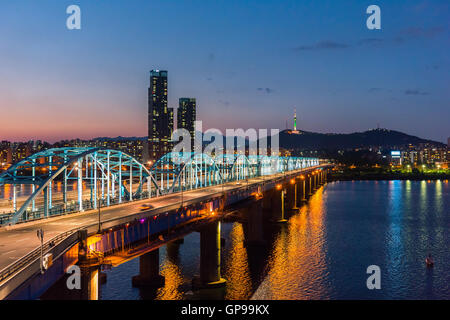 Seoul at night, South Korea city skyline at Dongjak Bridge Han river in Seoul , South Korea. Stock Photo