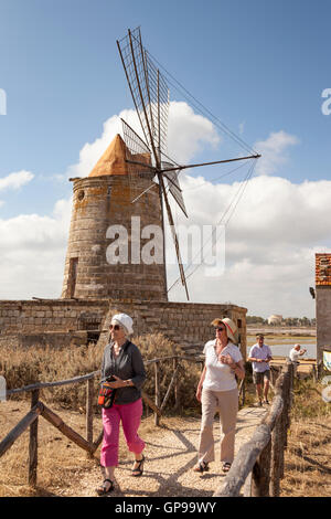 Salina Maria Stella windmill near Trapani, Sicily, Italy Stock Photo