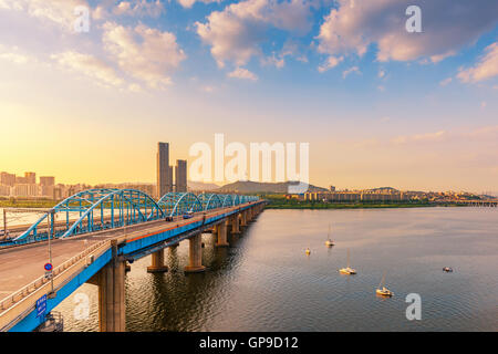 Sunset of Dongjak Bridge and Han river in Seoul City ,South korea. Stock Photo