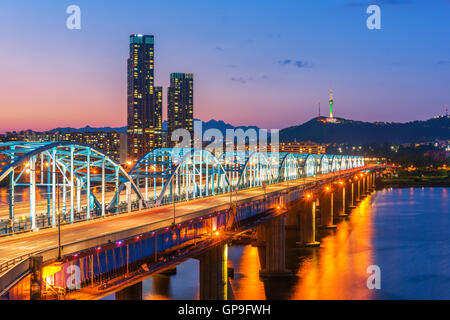 Korea,Seoul at night, South Korea city skyline at Dongjak Bridge Han river in Seoul , South Korea. Stock Photo