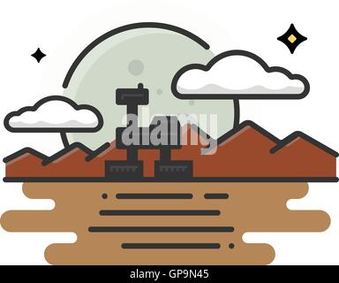 Mars rover with red mountains under a large moon Stock Vector