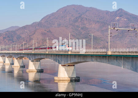 Korea Subway and Bridge at Hanriver in Seoul, South korea Stock Photo