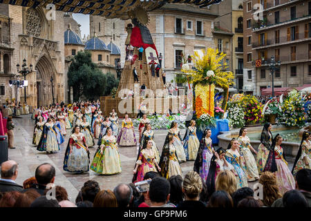 Valencia, Spain - March 16, 2008 - The Fallas Festival, feast of Saint Joseph with the floral offering to the Virgin Mary Stock Photo