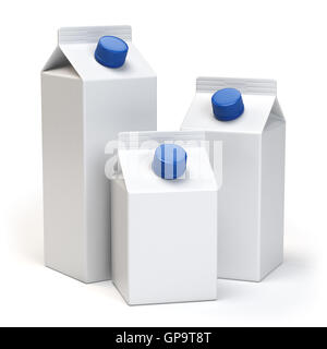 Milk or juiice blank white carton packs Isolated on white. 3d illustration Stock Photo