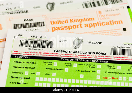 Passport application forms for both Republic of Ireland (Eire), and United Kingdom (UK) Stock Photo