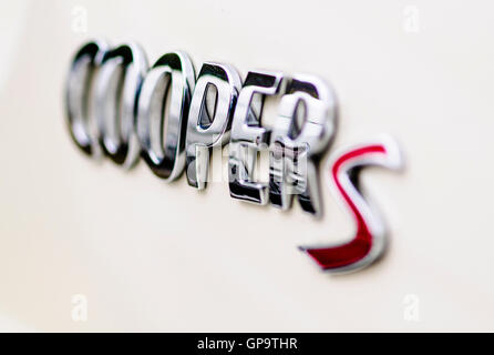 Mini Cooper S badge on a pepper white car Stock Photo