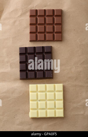 Three chocolate bars, food top view Stock Photo