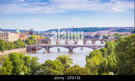 View of the main bridges of the Vltava river in Prague, Czech Republic. The Charles bridged is also seem in the scene. Stock Photo