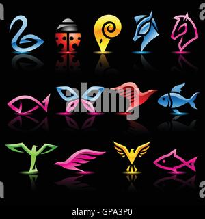 Vector illustration of colorful abstract animal icons on a black background Stock Vector