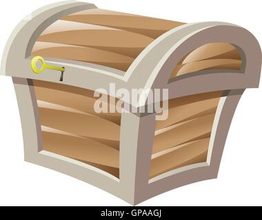 Illustration of Brown Wooden Treasure Chest and Golden Key isolated on a white background Stock Vector