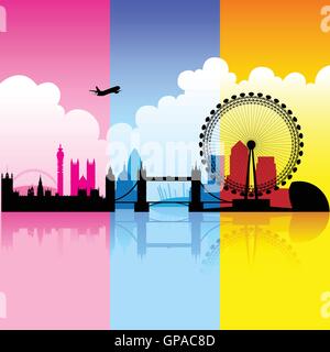 Vector Illustration of colorful London landmarks with reflections on river thames Stock Vector