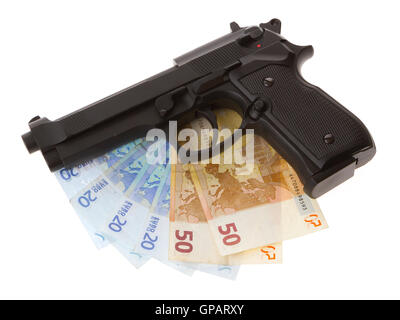 Semi-automatic gun and money isolated Stock Photo